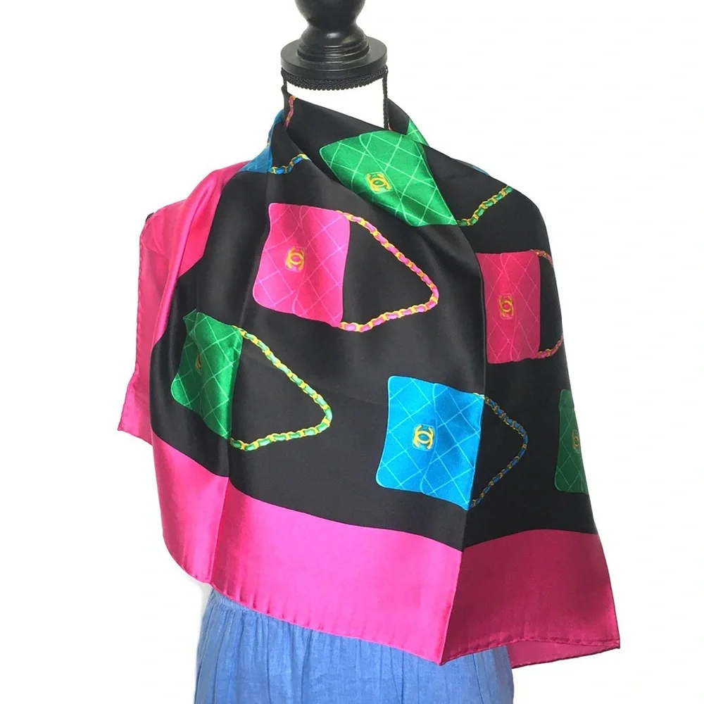 CHANEL authentic silk scarf pink black